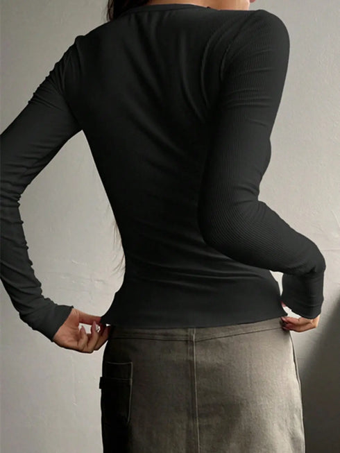 'Elara' Ribbed Half Button Long Sleeve Shirt - Celes Fashion